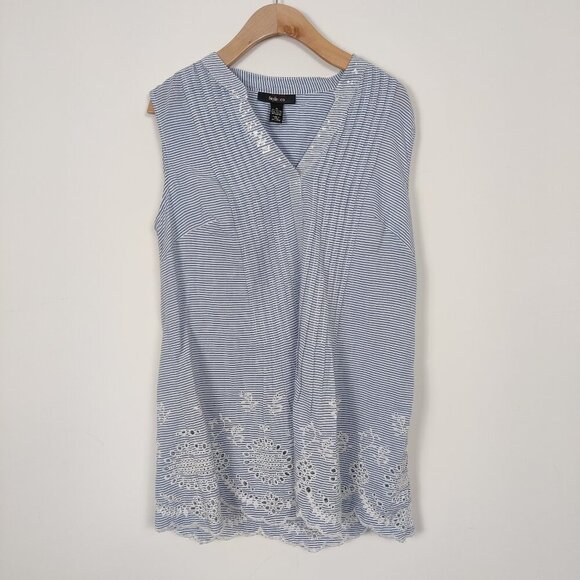 Style & Co Women's Boho Tunic Dress Blue White Striped Size Medium Eyelet Floral - Picture 1 of 8